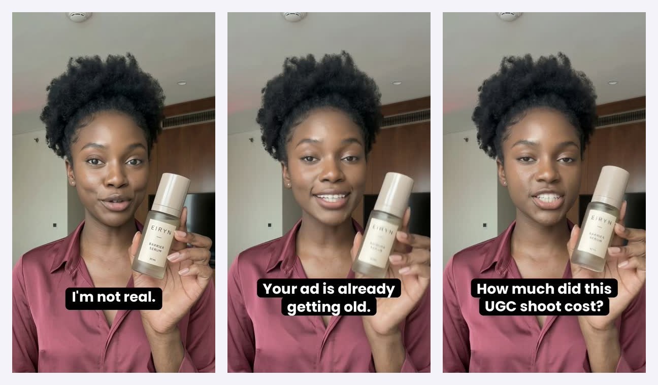 Three versions of the same ad: same avatar and product, different first line.